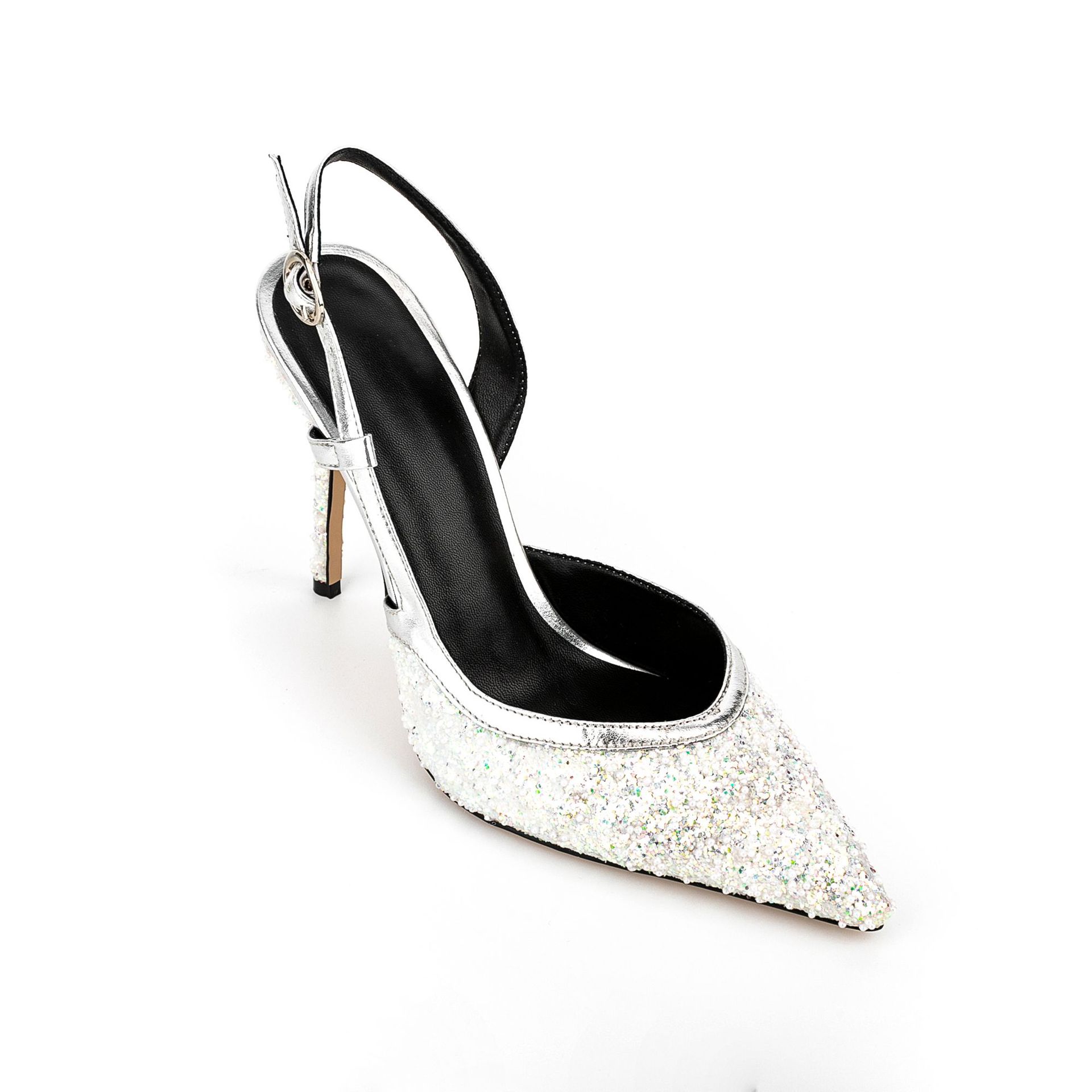 Women's Glitter Stiletto Evening Sandals - Pointed Toe Heels with Ankle Strap and Sequin Detail C260204