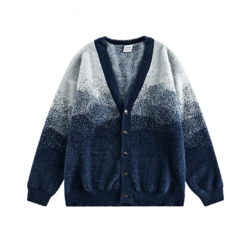 Trendy gradient plush V-neck cardigan sweater for men and women loose and lazy versatile knitted jacket 240822