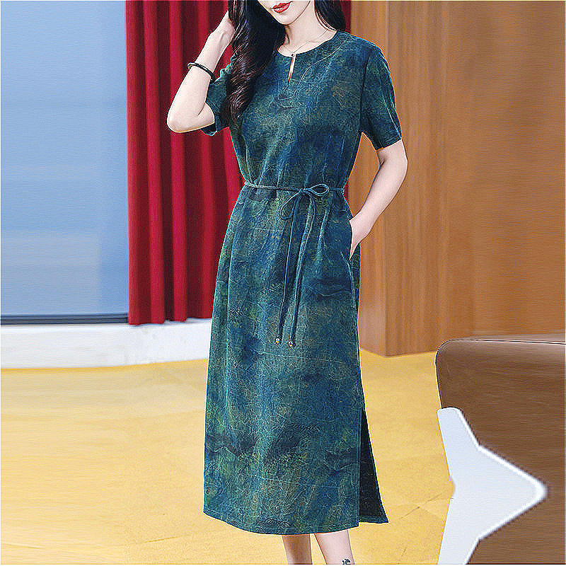 099 High-end tie-dyed Xiangyun yarn dress for women Spring and summer new style silk loose slim lace-up mulberry silk long skirt