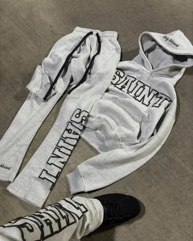 High Street Trendy Retro Letter Print Mens Sportswear Set Hip-Hop Punk Streetwear Hoodie Women Harajuku Casual Loose Sweatpants 250626