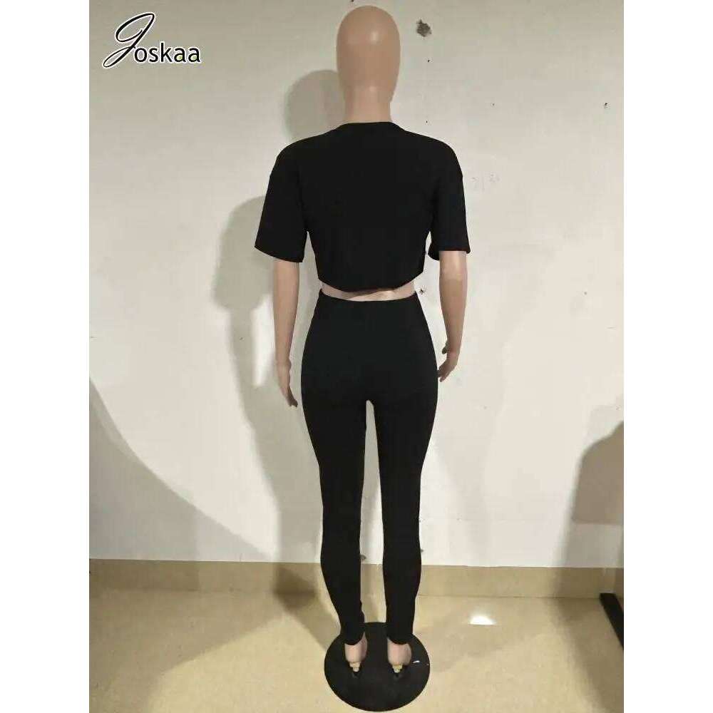 Joskaa Elegant 2 Piece Set Women Sexy Hollow Pin Short Sleeve Crop Tops and Pencil Pants Matching 2025 Summer Party Club Outfits