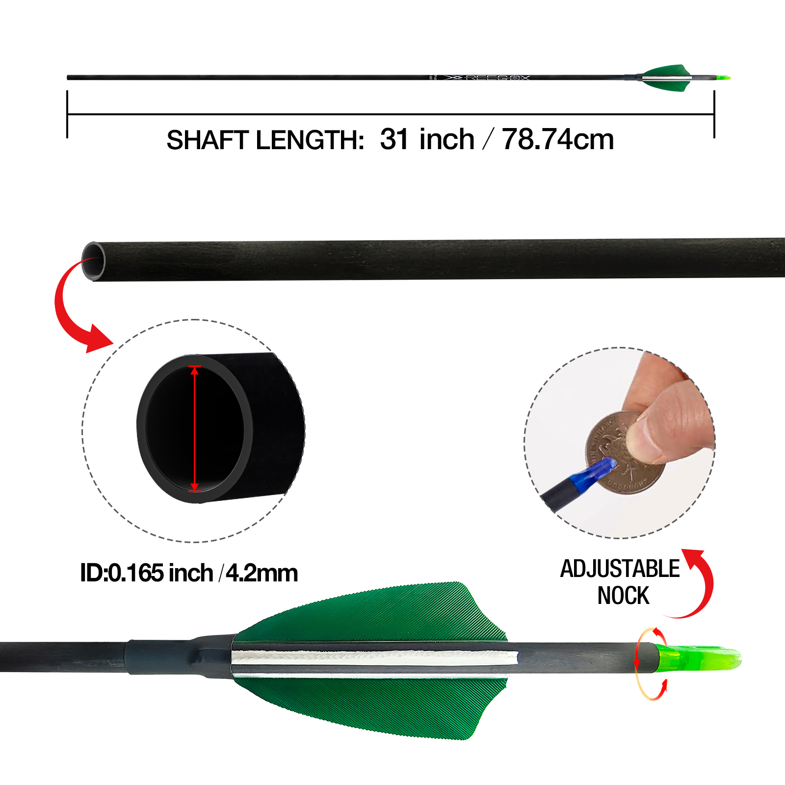 Carbon Hunting Arrows without Arrowheads 12Pcs 31inch Archery Turkey Feathers Targeting Arrows 4.2mm Arrows Training Arrows Spine 350-1500 Arrows