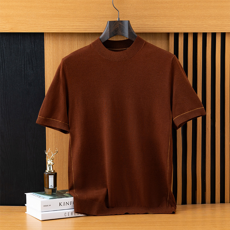 Designer's Summer Business Elastic Men's Knitted Short-sleeved Loose Casual Fine Wool Thin Top Half High-neck Basic T-shirt