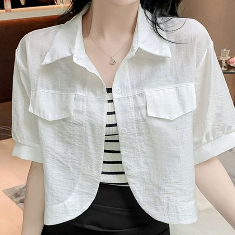 K1178 Chiffon polo collar short-sleeved short shirt sun protection clothing women's summer outerwear small shawl new cardigan top thin jacket
