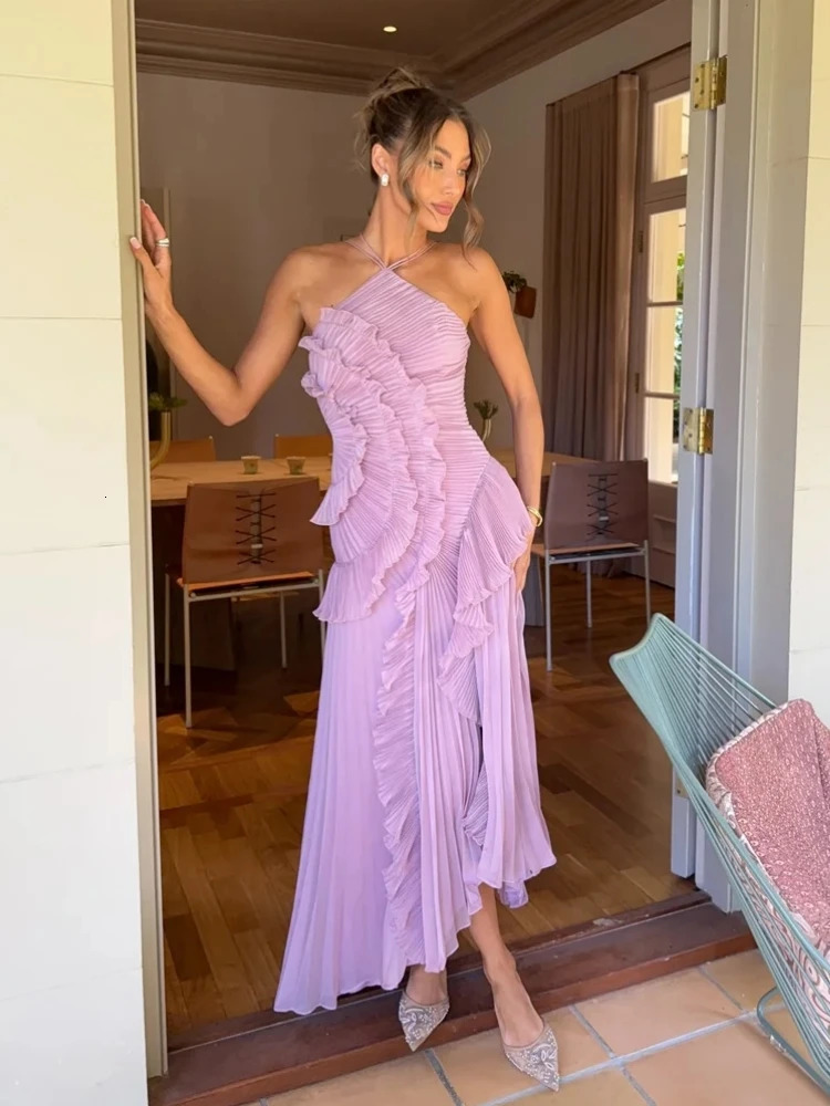Fashoin Pleated Patchwork Sleeveless Summer Dress Women Elegant Halter Backless Split Maxi Dress Ladies Party Evening Dress 2025250624