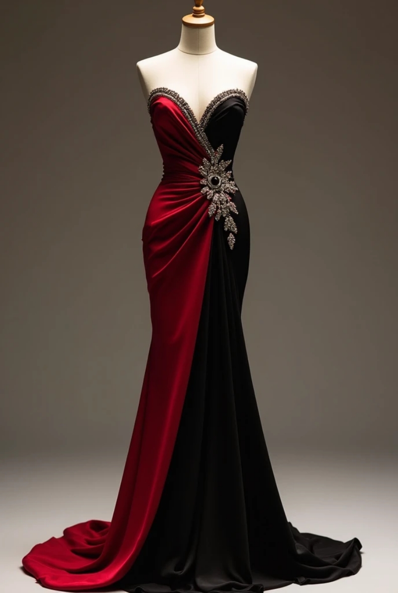 Dark Red And Black Mermaid Prom Dresses Contrast Color Sweetheart Gothic Evening Gown Satin Chic Special Occasion Dress