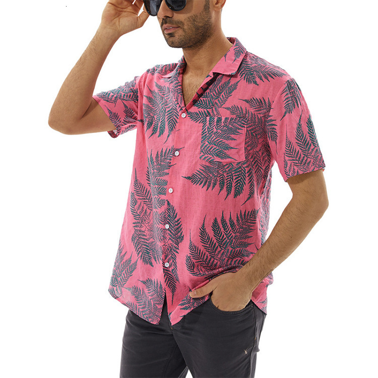 Mens Summer Casual Loose Beachwear Maple Leaf Print Short Sleeve Shirt