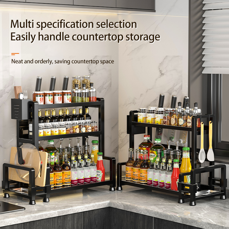 1 piece multi-layer steel kitchen storage rack set - Space-saving countertop storage, with hooks, cutlery rack, chop board rack