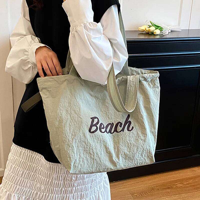 Women's Solid Color Minimalist Nylon Tote Bag - Letter Print,Lightweight & Spacious,Long Strap for Daily Use and Shopping