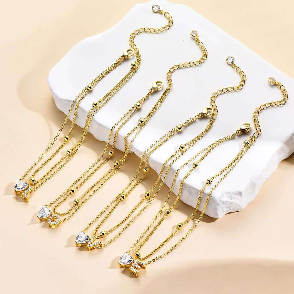 Gold 14K 3 Waterproof Plated CZ Initial for Women Dainty Layered Letter Heart Ankle Bracelets Handmade Adjustable Foot Chain Anklet Summer Beach Jewel