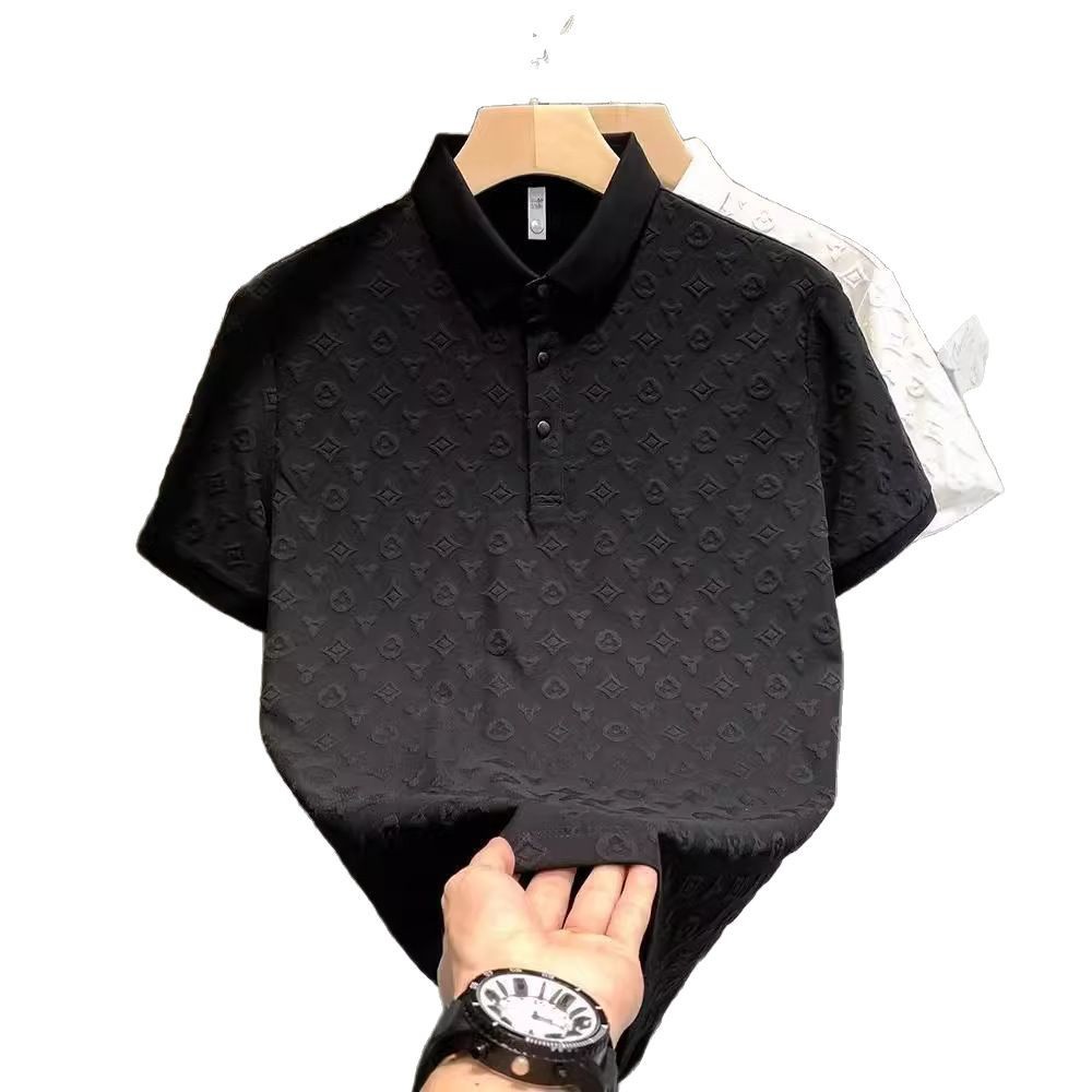 Ice silk short-sleeved polo shirt men jacquard summer loose trend half sleeved clothes lapel shirt T-shirt 2025