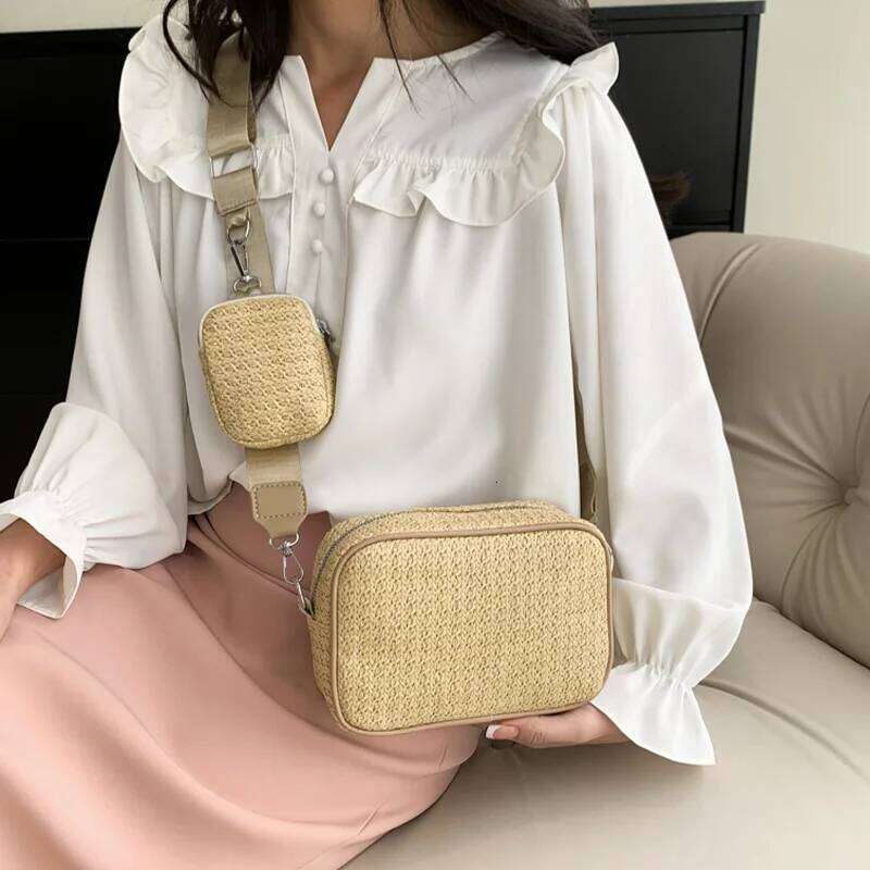 Solid Color Simplicity Women's Crossbody Bag - Woven Straw with Detachable Wide Strap & Zipper,Perfect for Vacation/Daily Use