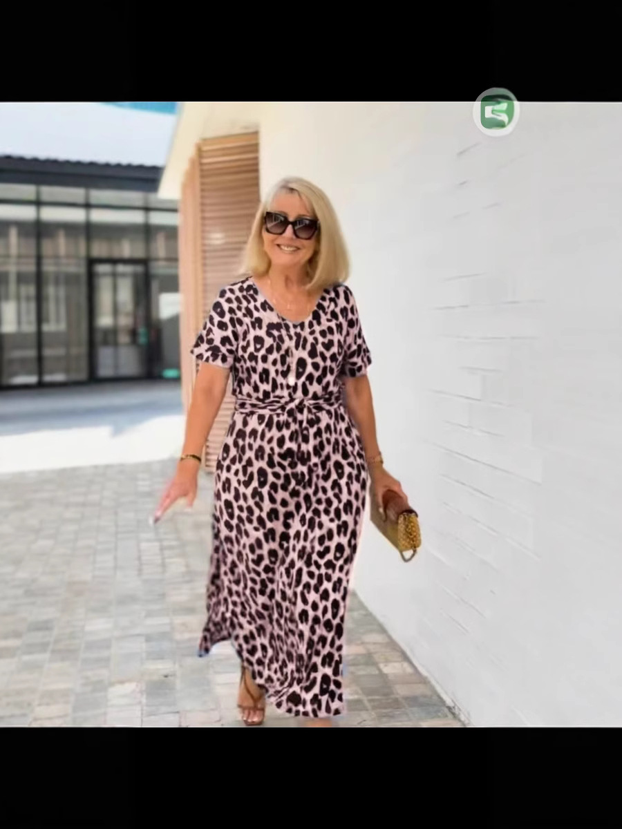 L6291New autumn and summer temperament women's short-sleeved V-neck leopard print dress