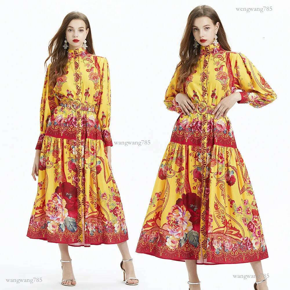 Designer Long Sleeve Floral Linen Maxi Dress Yellow Elegant Women Vintage Print Party Wear Casual Shirt Dresses Mock Neck Slim A-line Cocktail Resort 