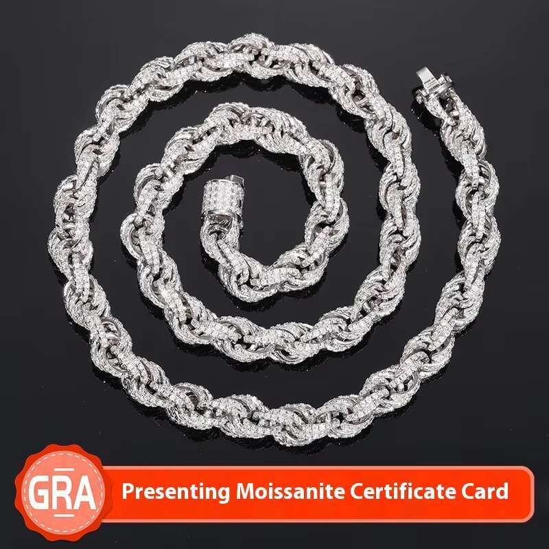 European American 8mm High Quality Rope Chain 925 Silver Moissanite Inlaid Hip-Hop Cuban Necklace Cross-Border Jewelry