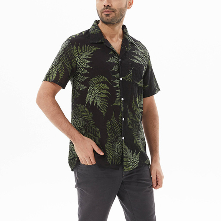 Mens Summer Casual Loose Beachwear Maple Leaf Print Short Sleeve Shirt
