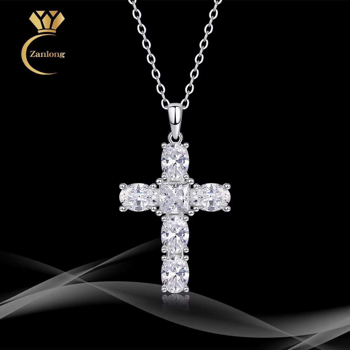 Asymmetric Moissanite Cross Pendant Necklace 925 Silver Sparkling Moissanite Jewelry for Gift Wedding Anniversary Fashion Style