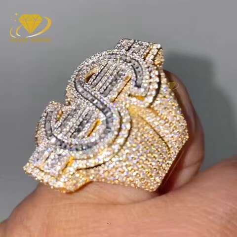 Wholesale Big Iced Out Baguette Diamonds Ring Dollar Design Money Sign 925 Solid Silver Fully Moissanite Mens Hip Hop Rings
