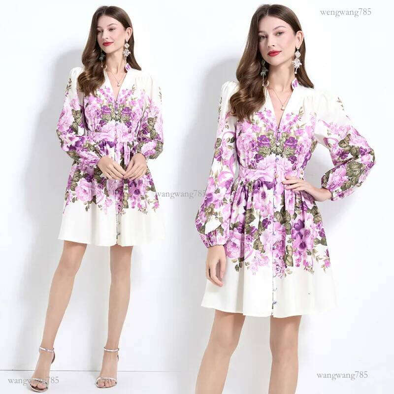 Vacation Style Flower Linen Mini Dress Lantern Long Sleeve V-neck Button Down Retro Print Designer Runway Women Short Dresses Cardigan Slim A-line Lad