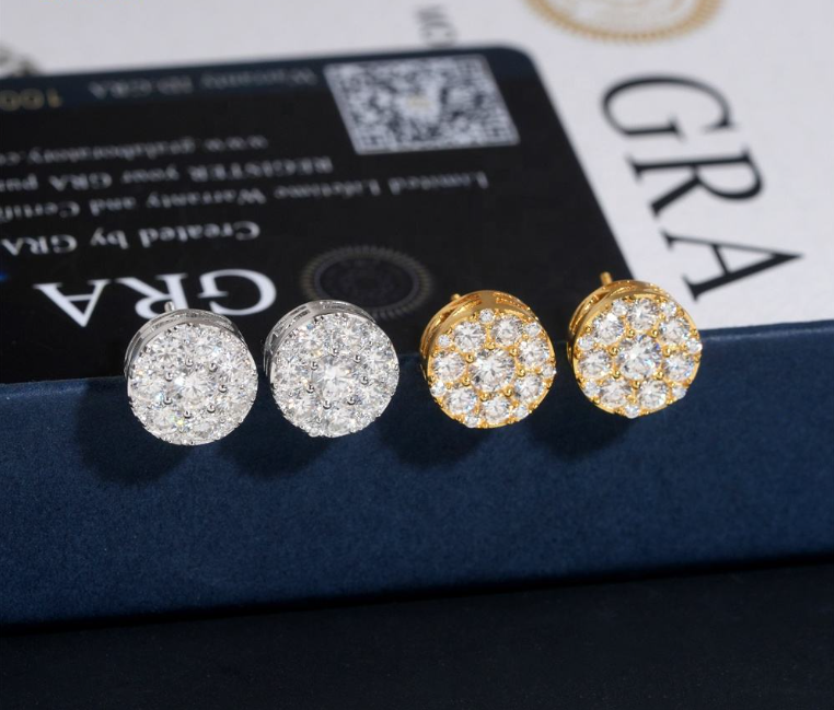 Hip Hop New Design Iced Out Stud 11mm Width 925 Silver Gold Plated Moissanite Earring
