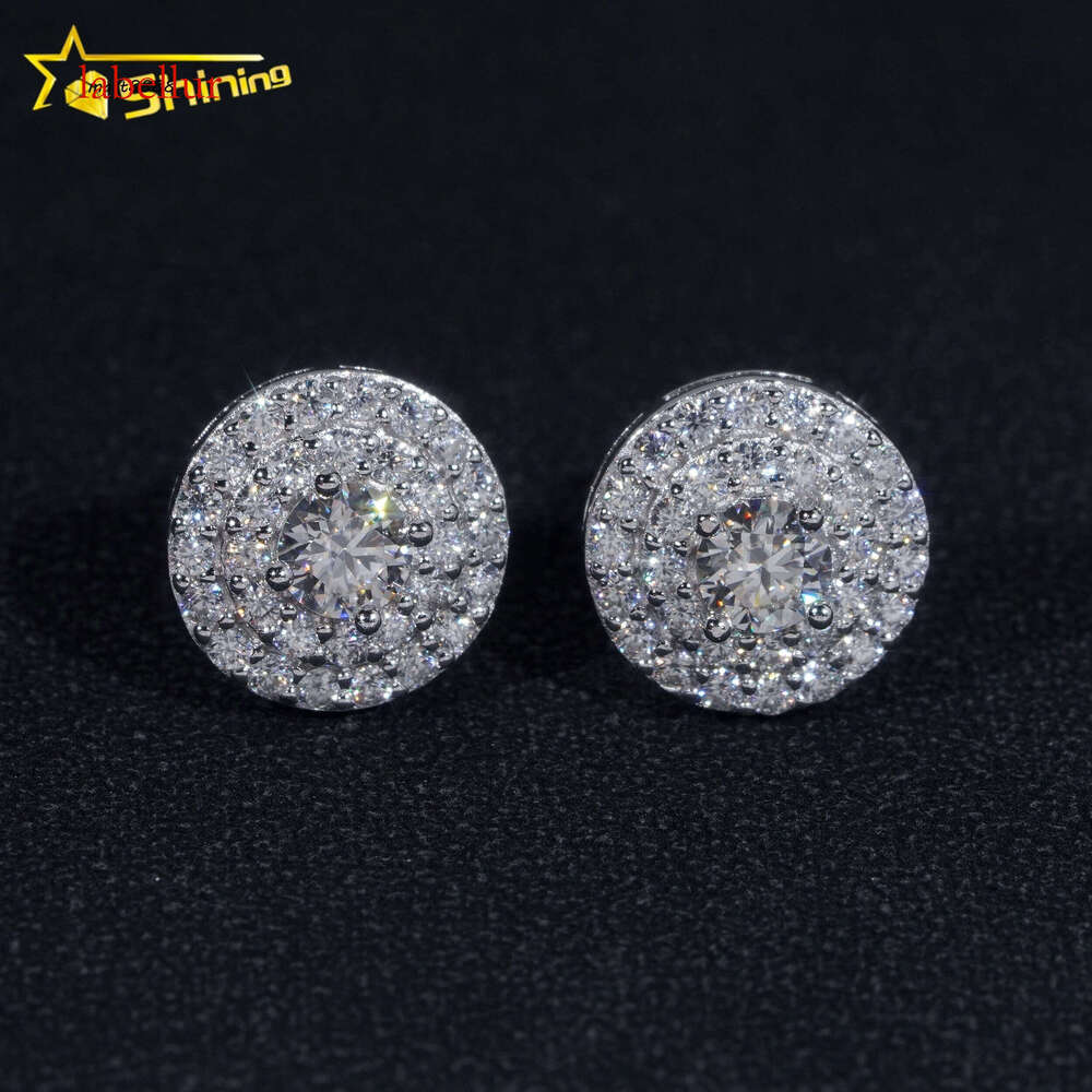 Pass Dia Tester Sterling Sier Round Cluster Iced Out Mens Moissanite Stud Earrings