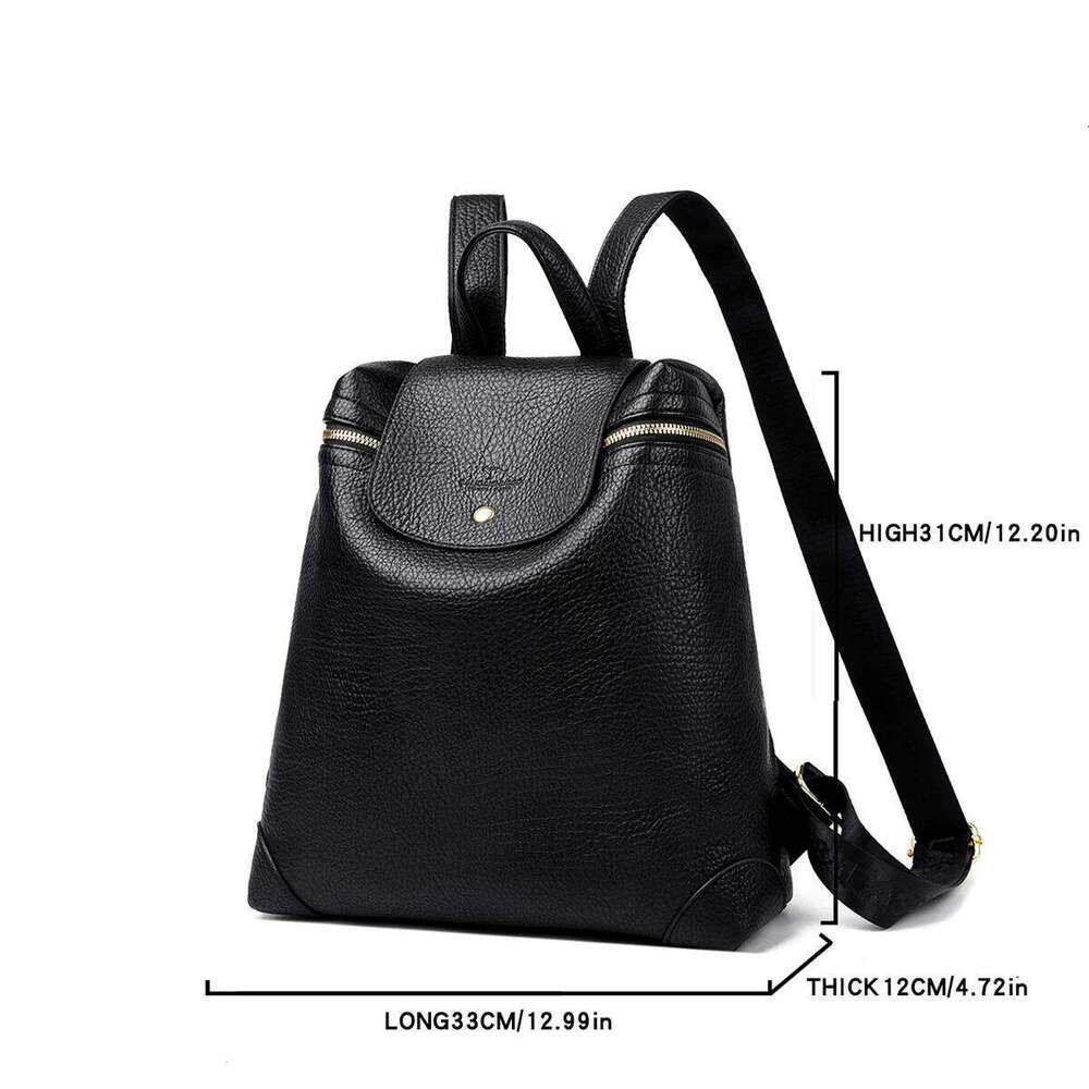 Fashion Glossy Leather-Texture PU Backpack Shoulder Bag Solid Color Large Capacity Flap Snap + Zip for Daily Use