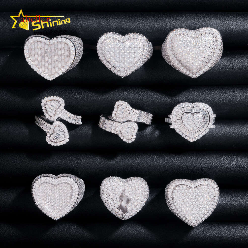 Stocks Fine Jewelry Sterling Sier Gold Plated Ice Out Men Rings Heart Shape VVS Moissanite Hip Hop Ring