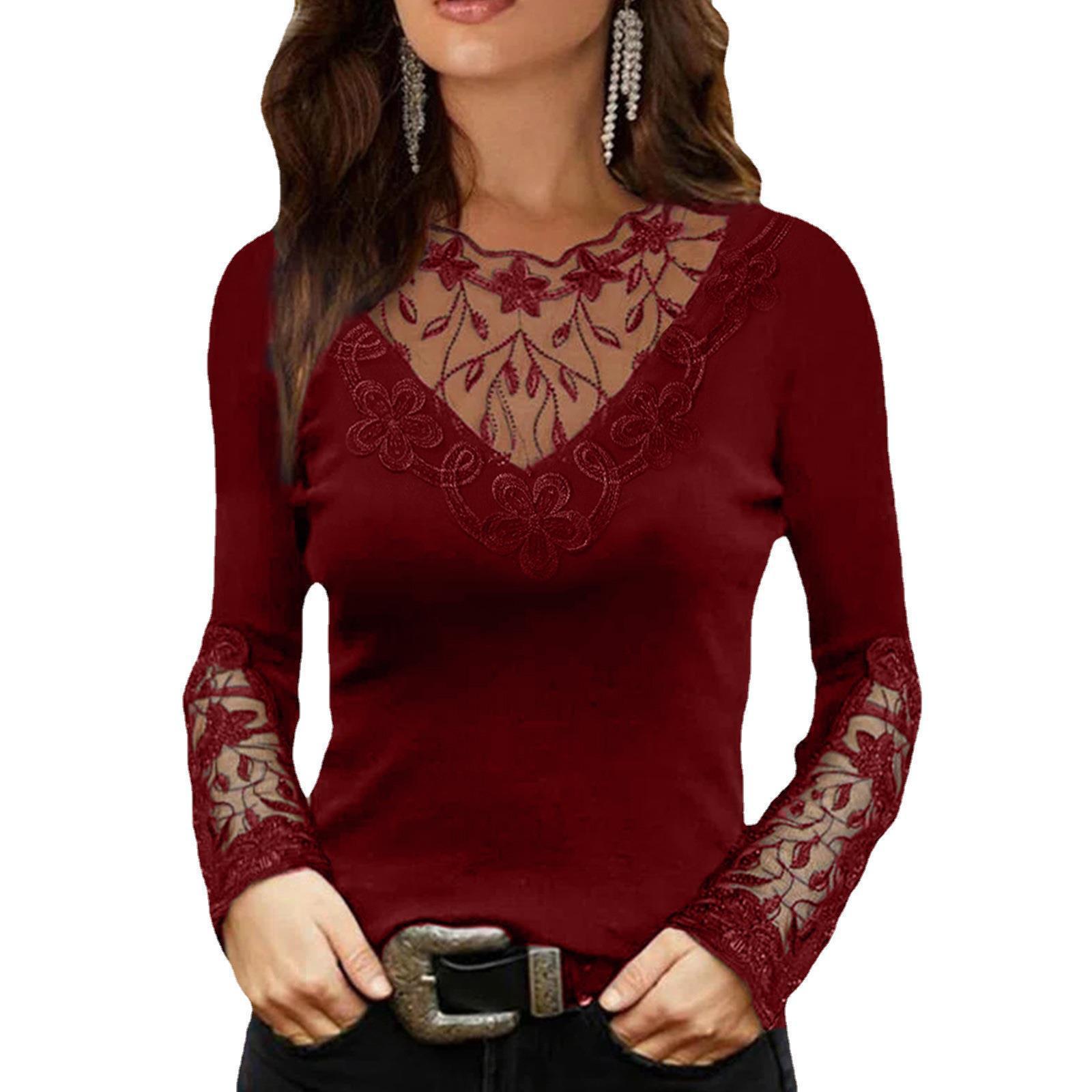 2024 Spring Autumn New Womens Fashion Sexy Deep V Lace Collar Long Sleeve T-Shirt Slim Fit Top T200321