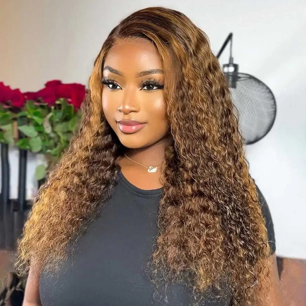 Deep Wave Frontal Wig Highlight Brown 13x4 Hd Lace 30 Inch Blonde Curly Lace Front Human Hair Water Wave Brazilian Wigs Synthetic For Women