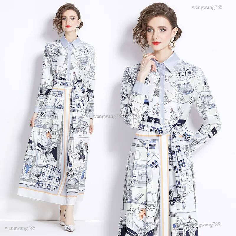 Shirt Collar Women Fashion Print Maxi Dress Button Long Sleeve Designer Elegant Ladies Casual Office Party Robes Frocks European Runway Clothing Femal