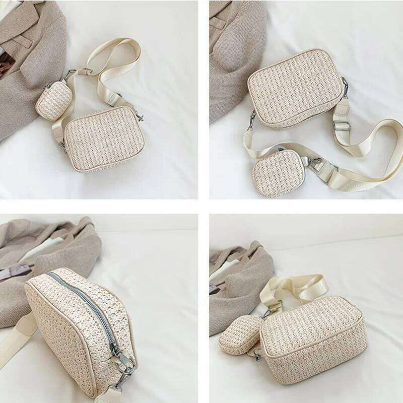 Solid Color Simplicity Women's Crossbody Bag - Woven Straw with Detachable Wide Strap & Zipper,Perfect for Vacation/Daily Use