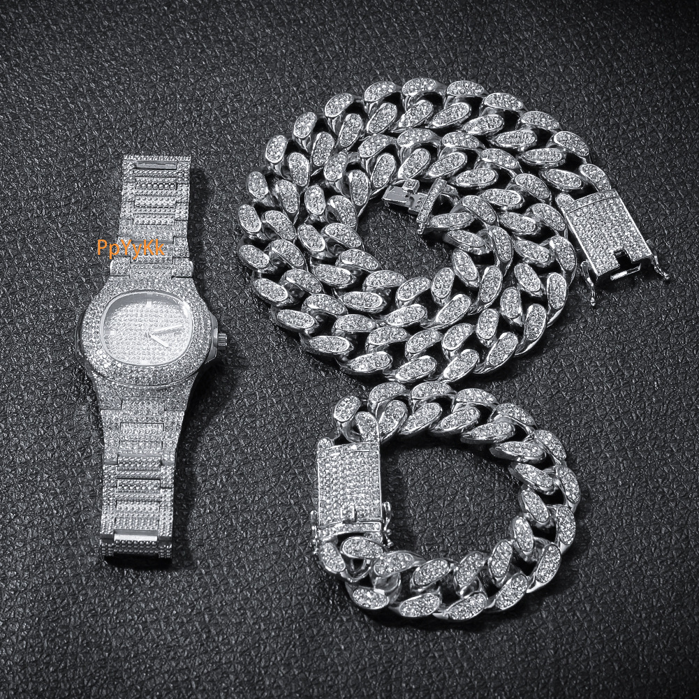 Luxury Jewelry Hot Sale High End Bling Bling Watch 20mm Bold Men's Cuban Link Necklace Bracelet Set Pass the diamond tester