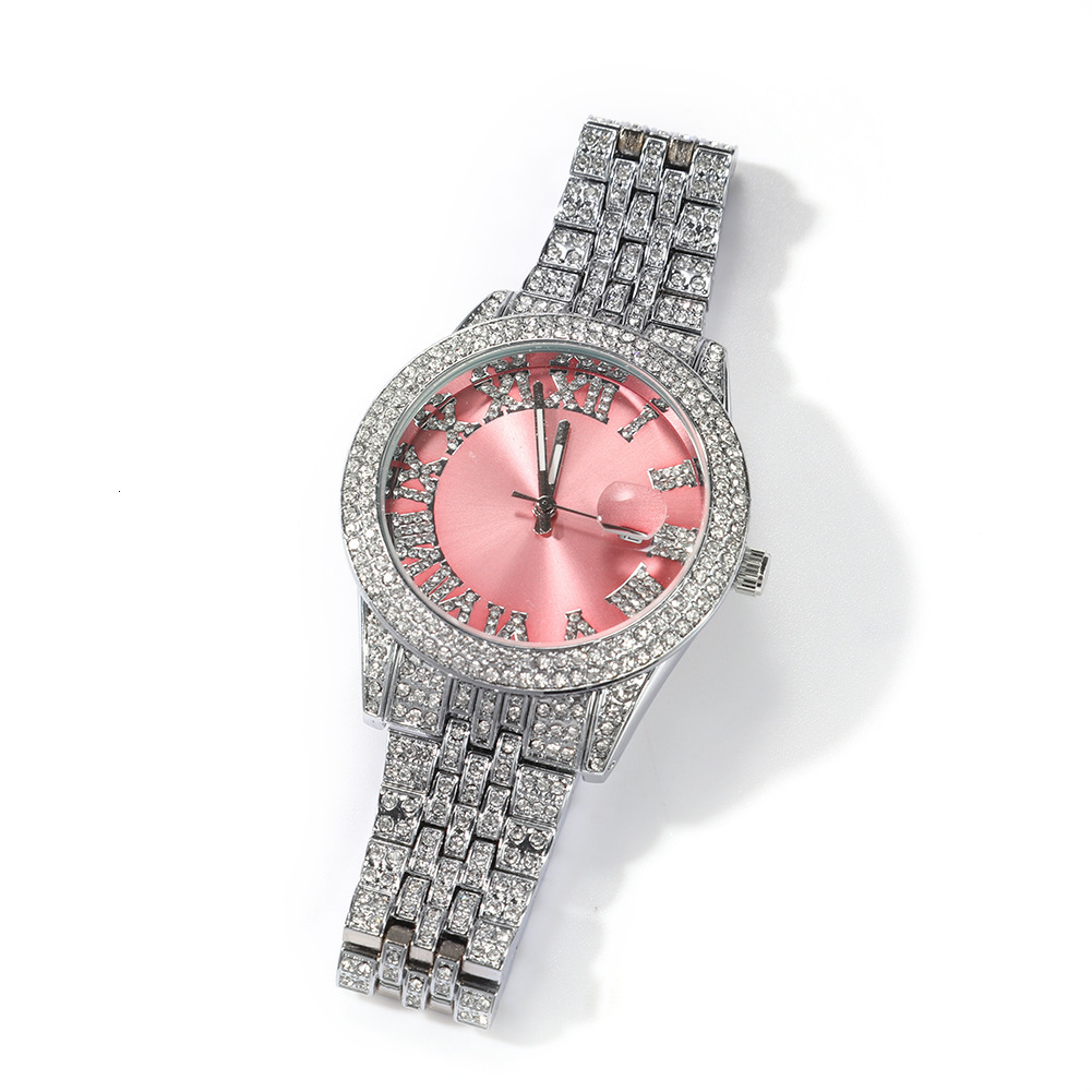 Luxury Jewelry VVS Moissanite High Quality New Fashion Couple Watch Hip Hop Bling Bling Pink Round Big Dial Waterproof Men's Mechanical Watch Pas