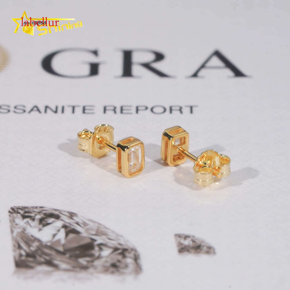 New Arrival Hip Hop Gold Plated Bezel Setting Emerald Cut Moissanite Sier VVS Dia Earrings