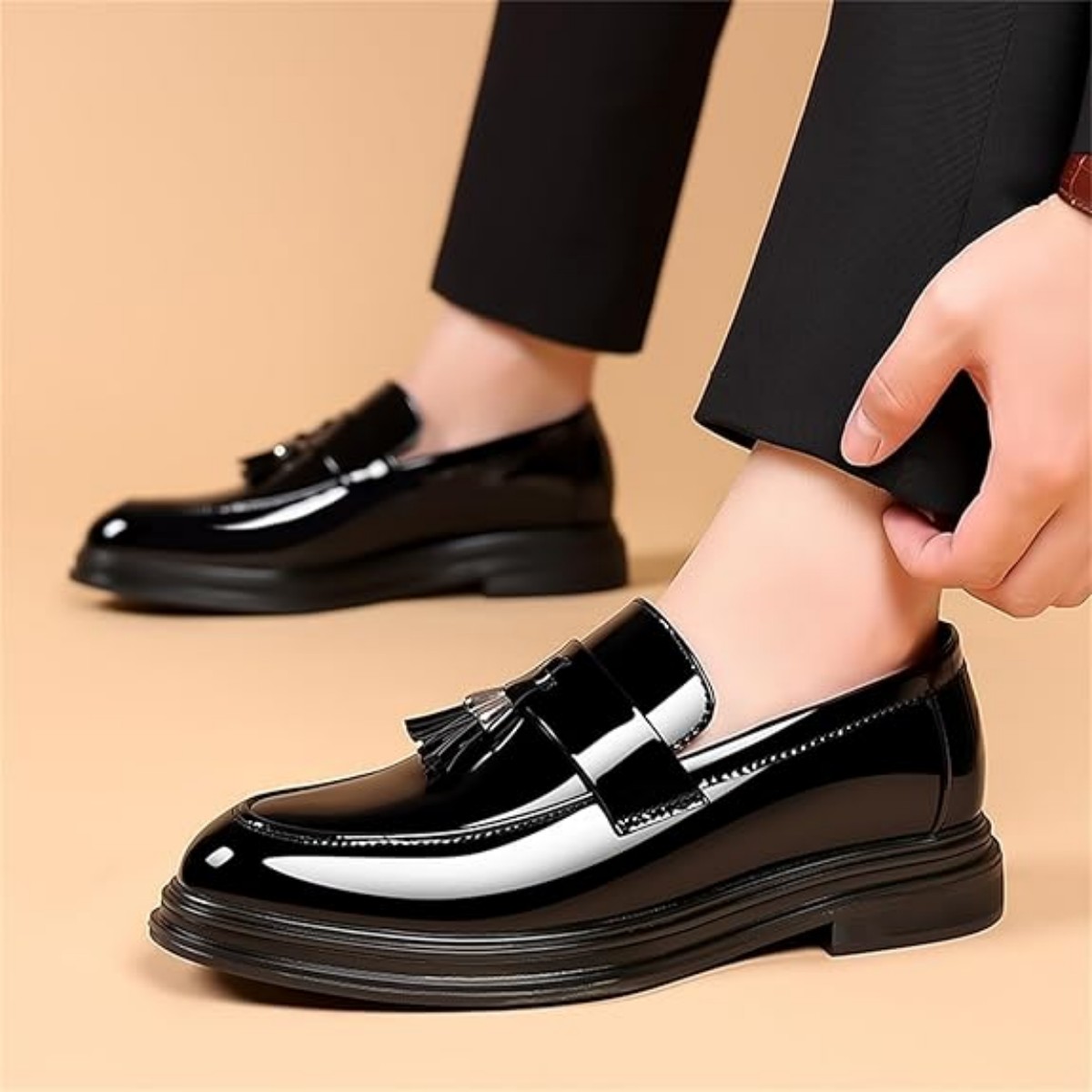 Men's Tassels High Gloss Patent Penny Slip On Loafers Fashion Formal Business Casual Oxford Dress Shoes For Men Father's Day Gift Black