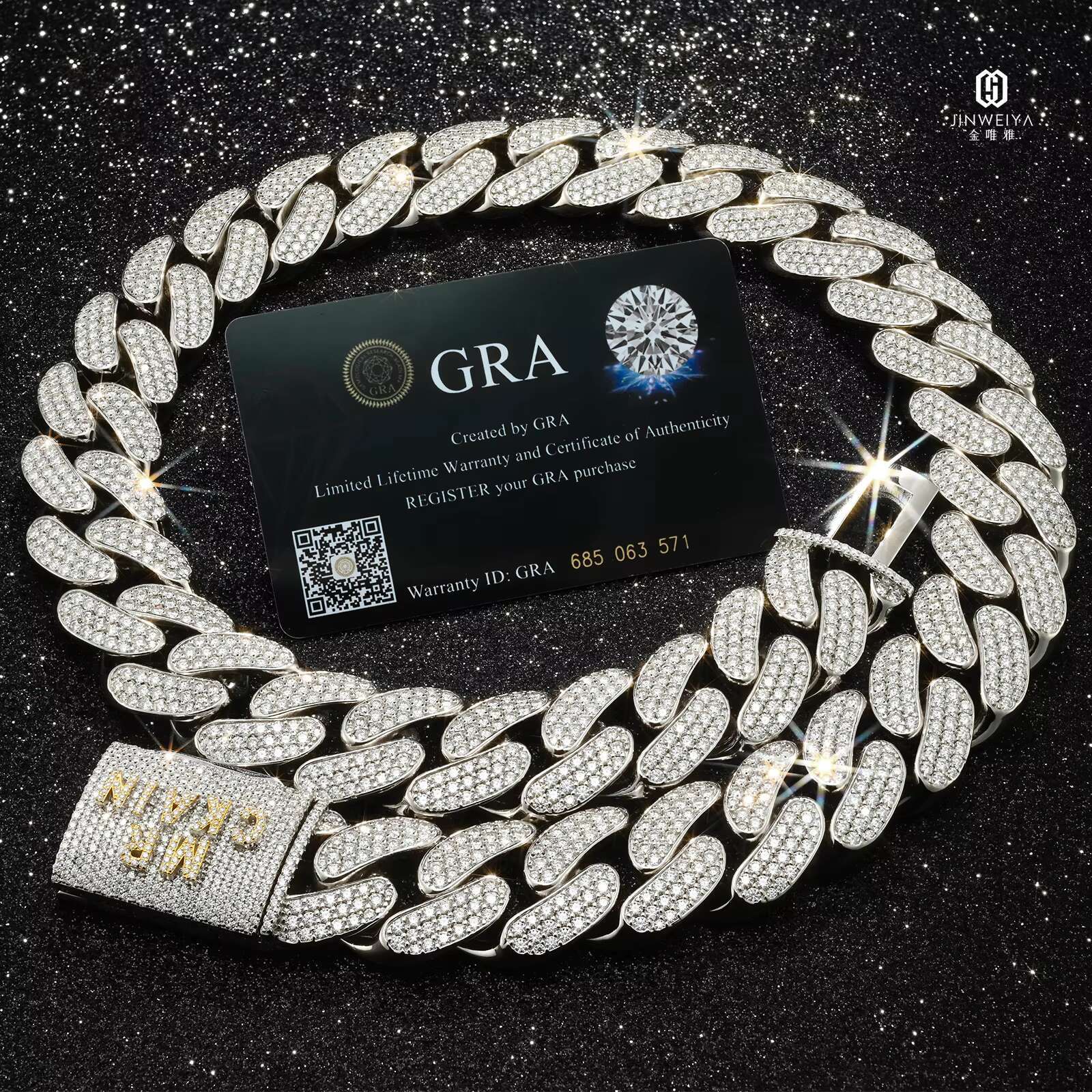 Hip Hop Cuban Chain 24mm 3rows VVS Moissanite Diamond Rose Gold White Gold Plated Necklace Cuban Mens Chain