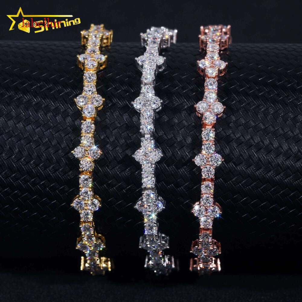 Stylish New Arrival Fashion Femme Design Sier VVS Moissanite Dia Iced Out Four Leaf Clover Cross Tennis Chain Bracelet