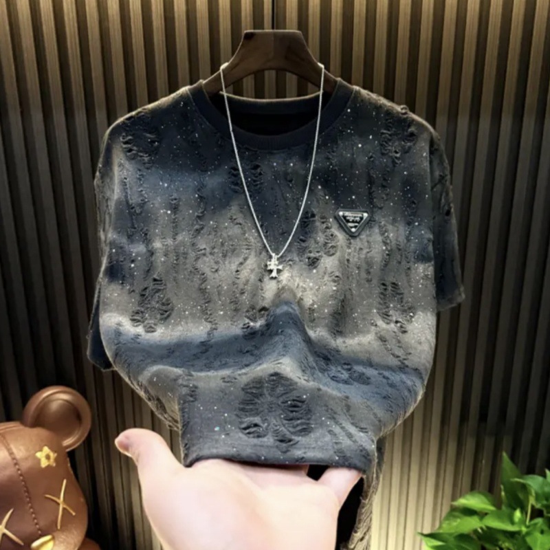 Starry sky T-shirt trend brand senior sense round neck top sequins loose holes short-sleeved T-shirt men 2025s hot
