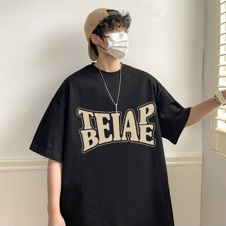 Heavyweight Hong Kong Style Short Sleeve T-shirt For Men 2025 Designer T-shirt Summer Trendy Loose Fit Oversized Letter Print Five-point Tee Top For M