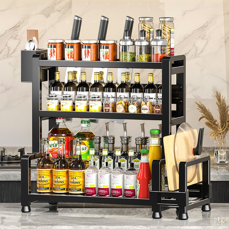 1 piece multi-layer steel kitchen storage rack set - Space-saving countertop storage, with hooks, cutlery rack, chop board rack