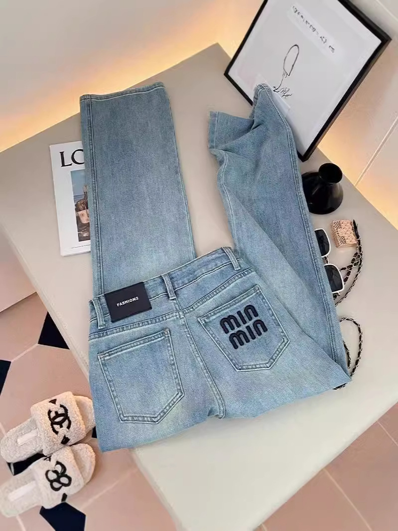 Free Shipping 2025 Women's Embroidered Letters Straight Leg Jeans High Waist Light Blue Relaxed Slimming Denim Pants