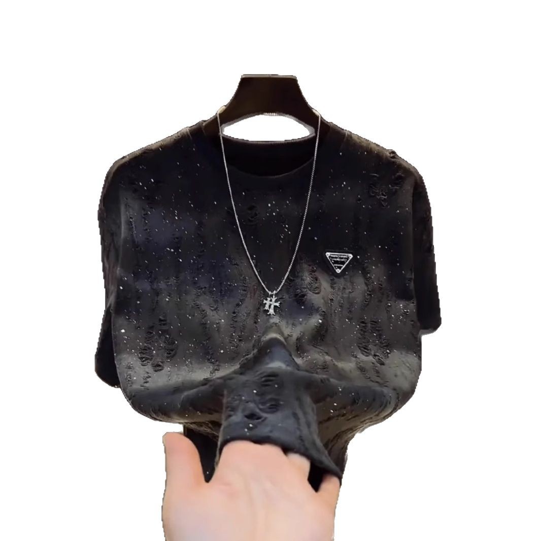 Starry sky T-shirt trend brand senior sense round neck top sequins loose holes short-sleeved T-shirt men 2025s hot