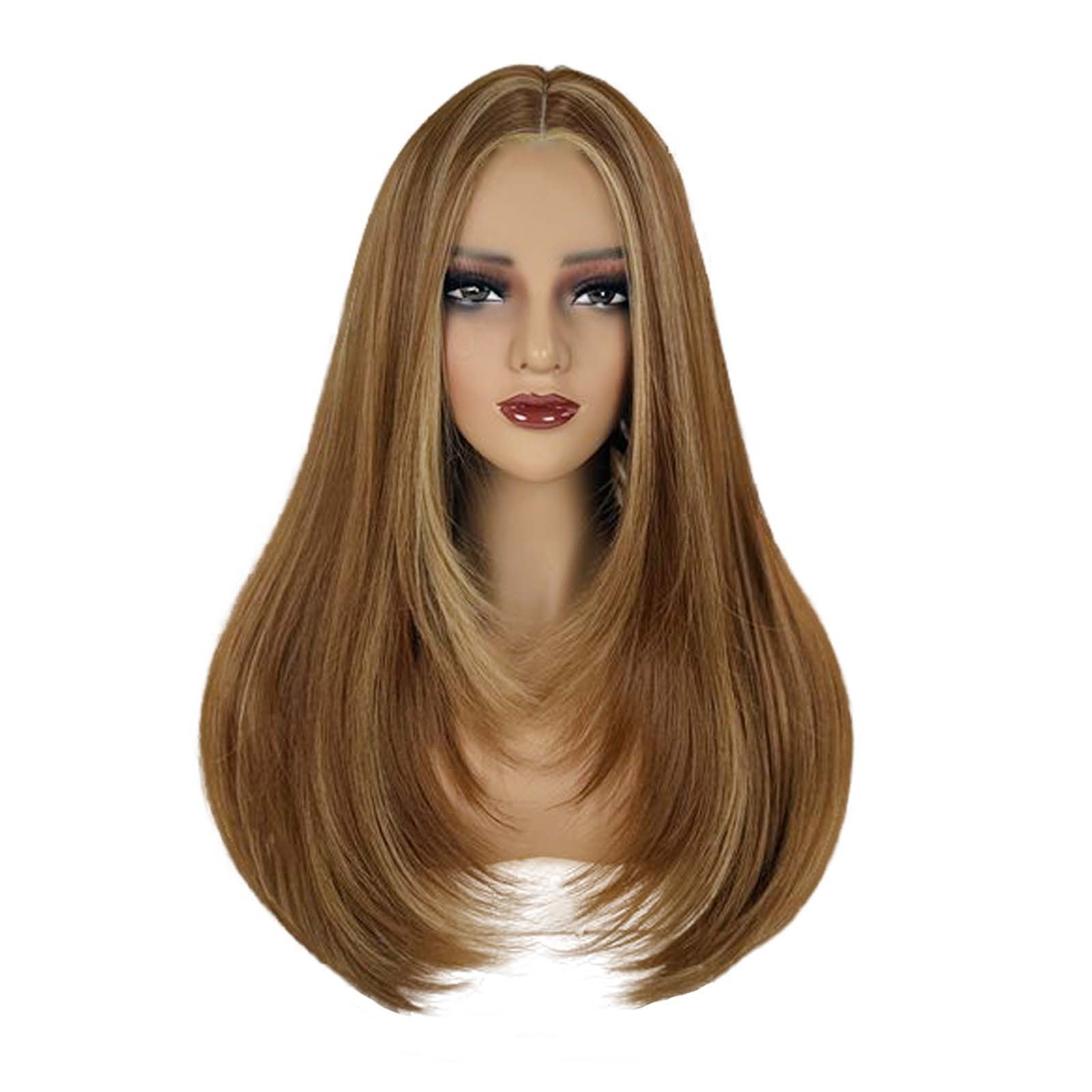 European and American natural-looking parted highlighted hot-haired synthetic wig headpiece with long straight and slightly wavy hair wig headpiece