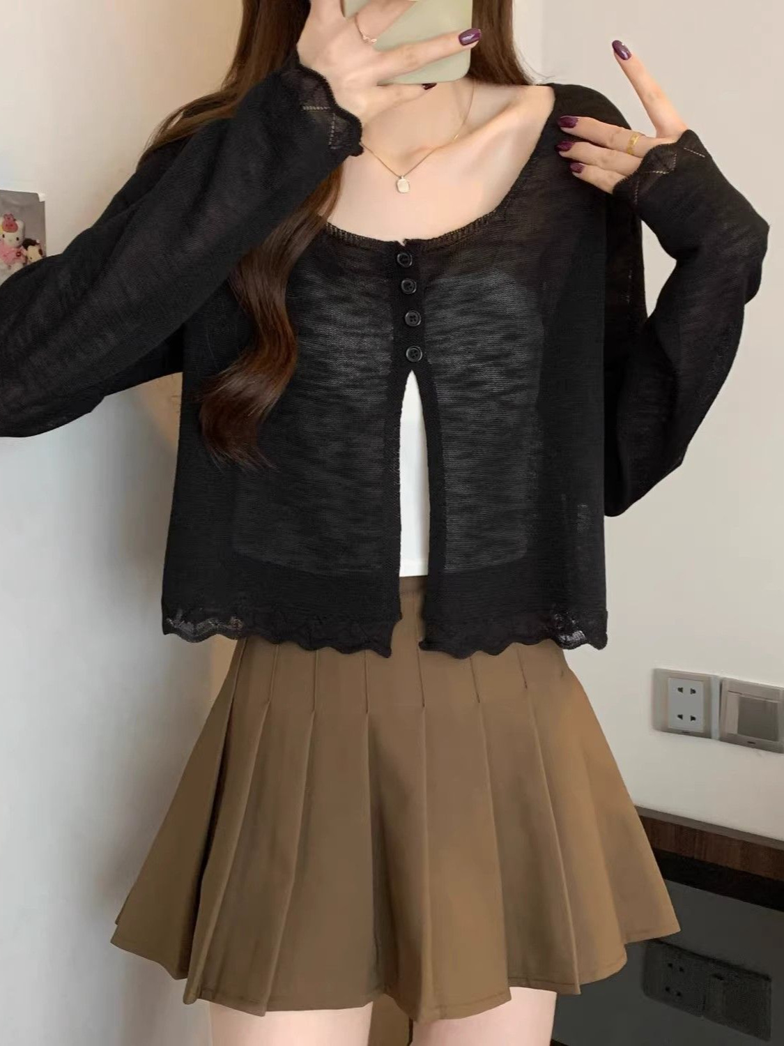 K1168 Black ice silk sunscreen cardigan women's summer thin suspender skirt with shawl cardigan knitted top