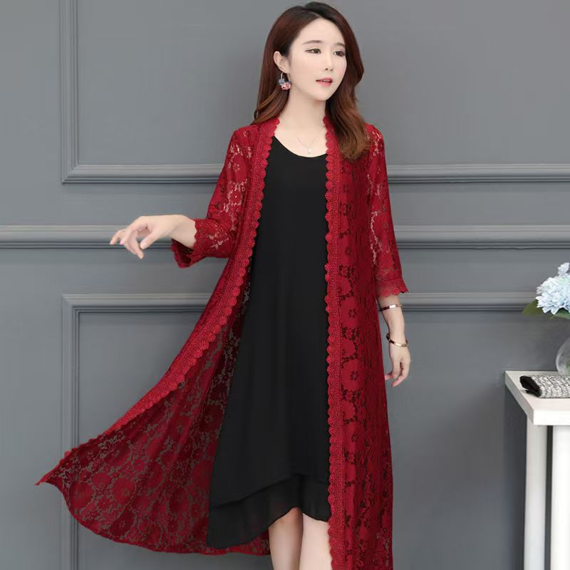 K1182 Lace cardigan long summer mesh shawl outer wear loose knee-length sun protection clothing women's jacket