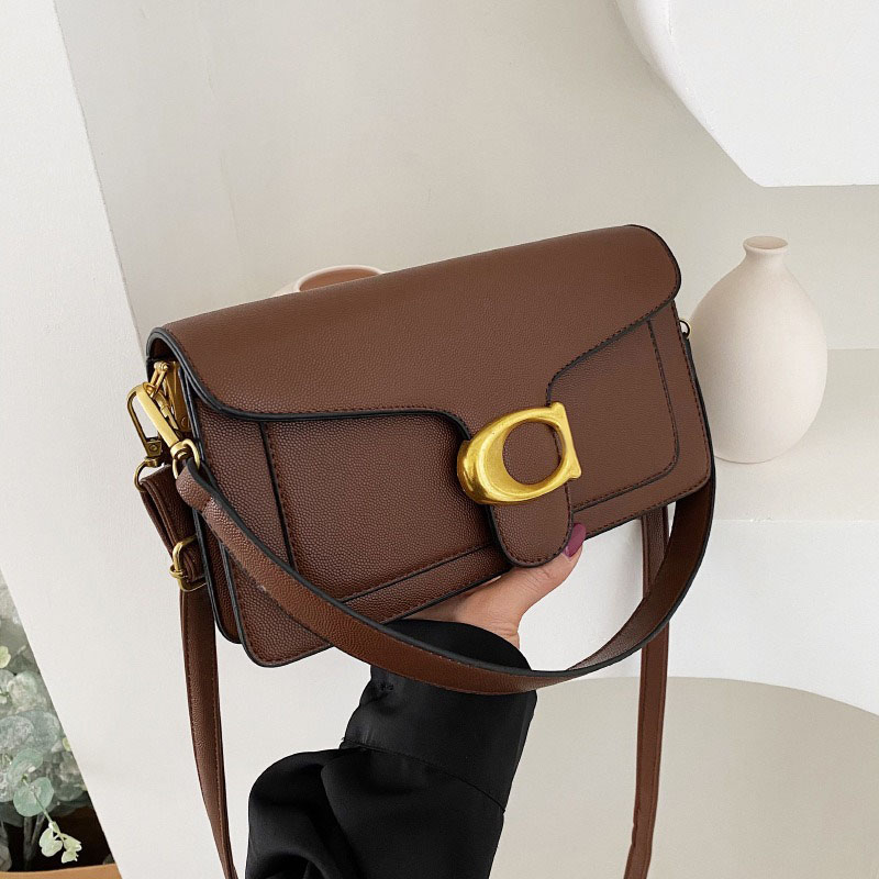 Women Fashion Bags Gold Metal Letters Button Shoulder Luxury Handbag Square Leather Crossbody Bag Designers