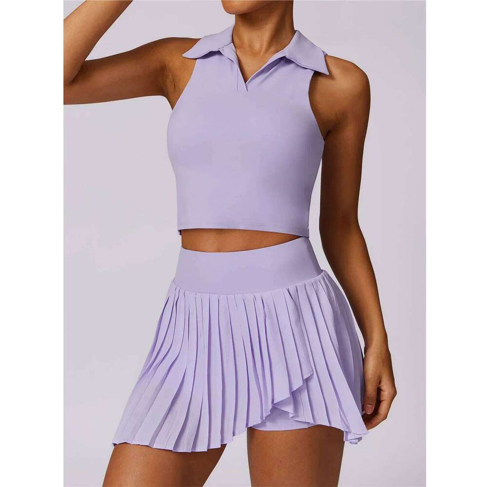 Outdoor Breathable Golf Wear Tennis Sport Sets Women Turn Down Collar Sleeveless Top Short 2 in 1 Skirt Running Fiess Set