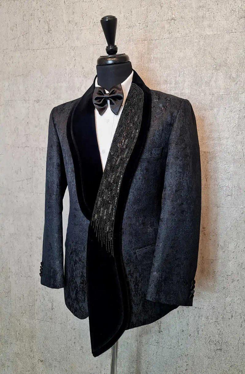 Mens Suits Designer Wedding Tuxedos Beaded Jacquard Men Shawl Lapel 2 Piece Set Jacket Pants Unique Groom Blazers Customized