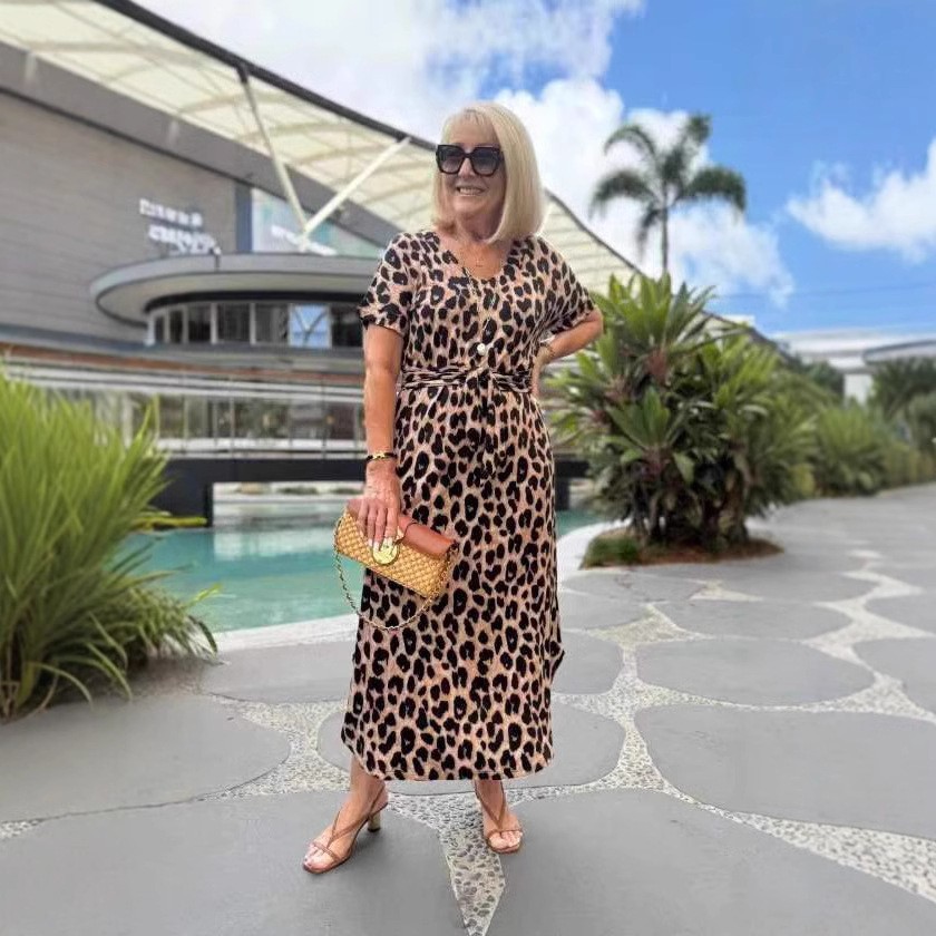 L6291New autumn and summer temperament women's short-sleeved V-neck leopard print dress