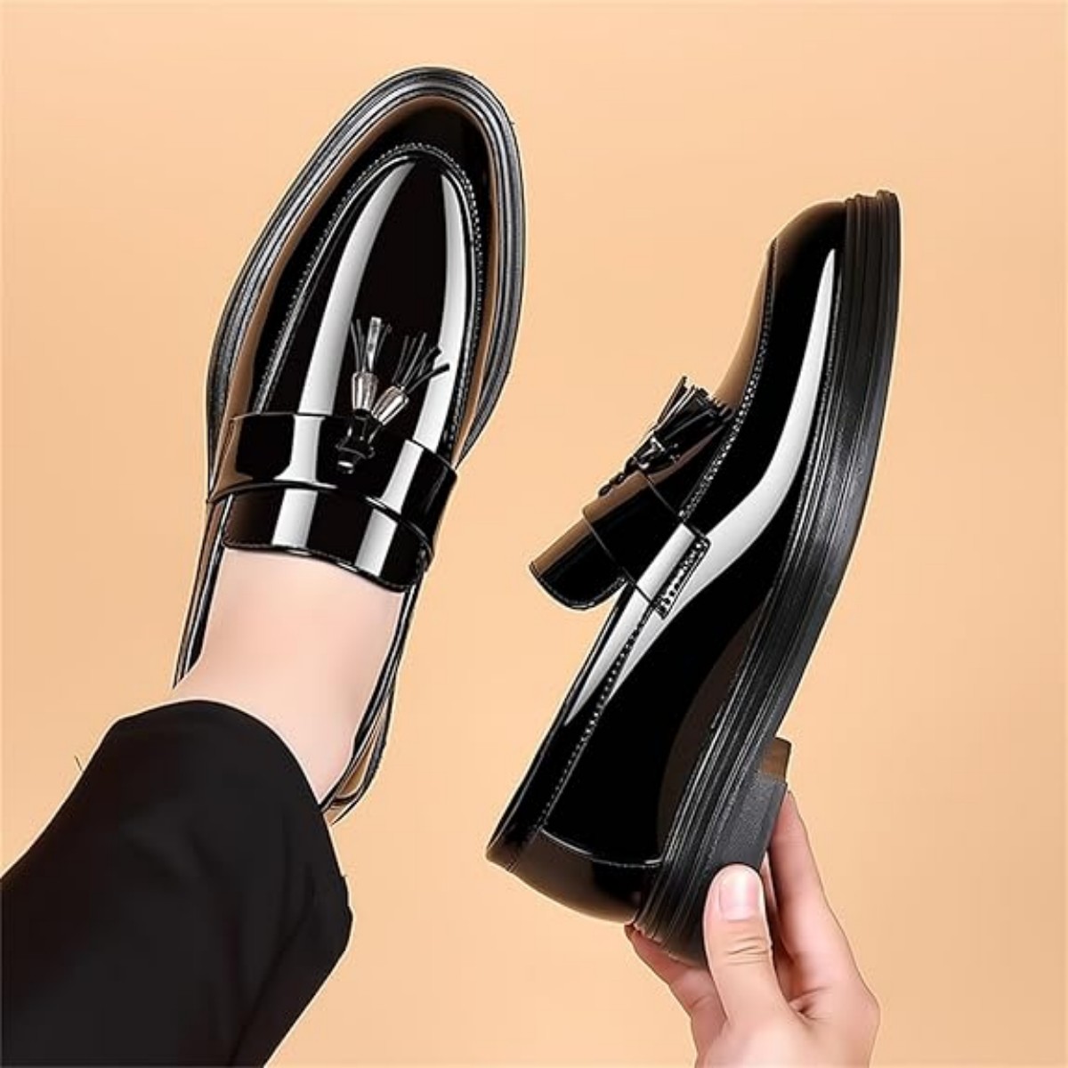 Men's Tassels High Gloss Patent Penny Slip On Loafers Fashion Formal Business Casual Oxford Dress Shoes For Men Father's Day Gift Black